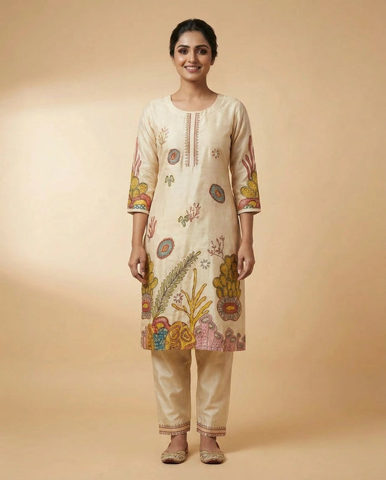 Beige Cotton Kurti Set for Women - Festive Wear