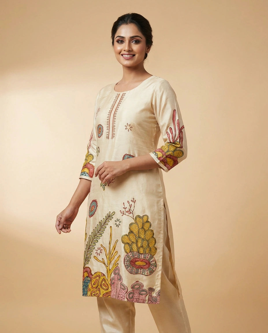 Beige Cotton Kurti Set for Women - Festive Wear