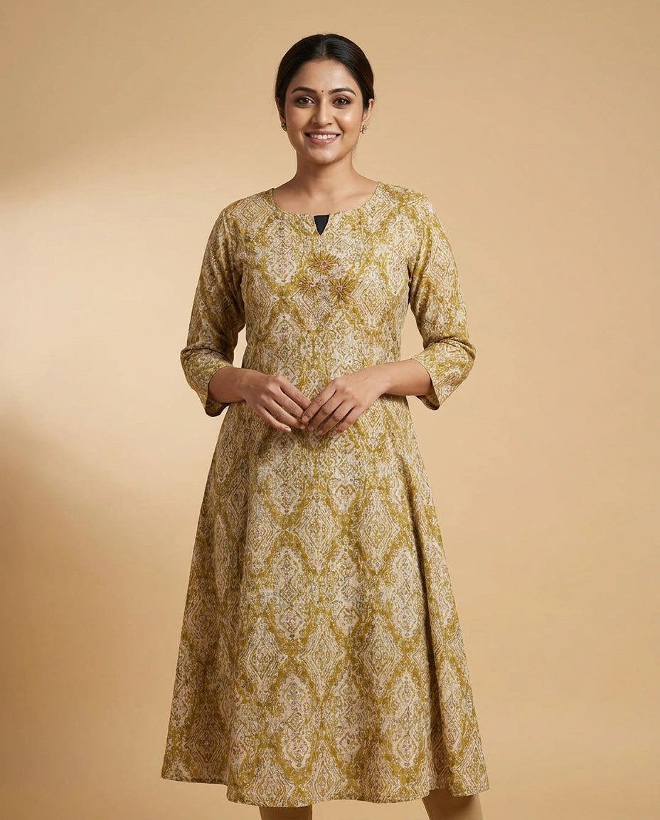 Floral Print Cotton Kurti Long - Rangoli India