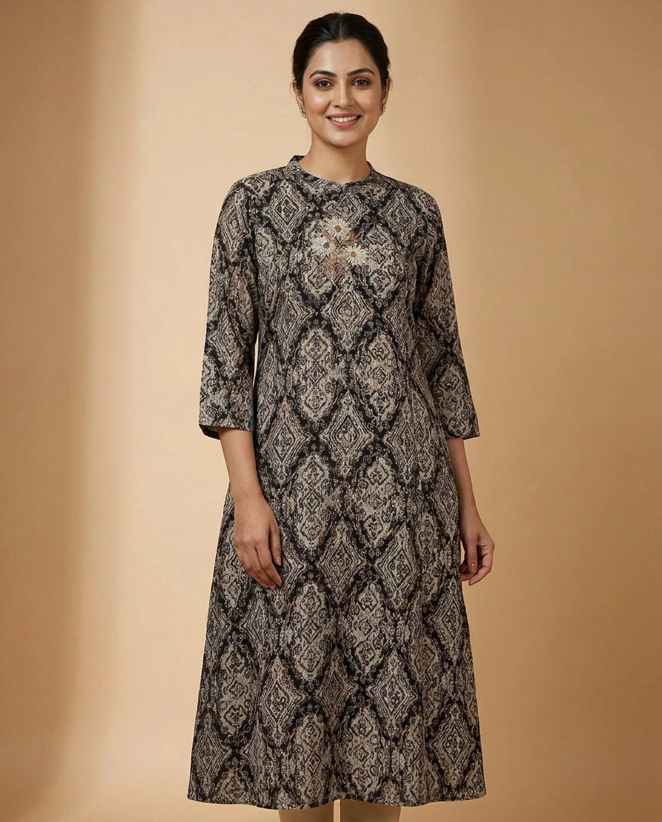 Floral Print Cotton Kurti Long - Rangoli India
