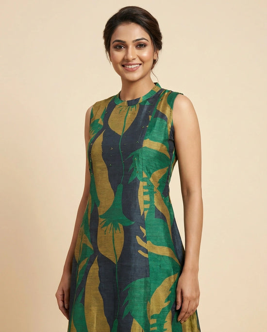 Green Dola Silk Straight Kurti for Women - Festive Wear