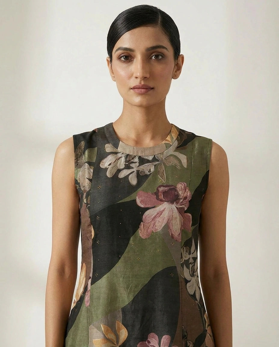 Olive Green Dola Silk Straight Kurti with Straight Silhouette - Rangoli India