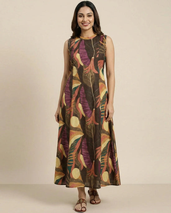 Brown Dola Silk Straight Kurti with Floral Print - Rangoli India
