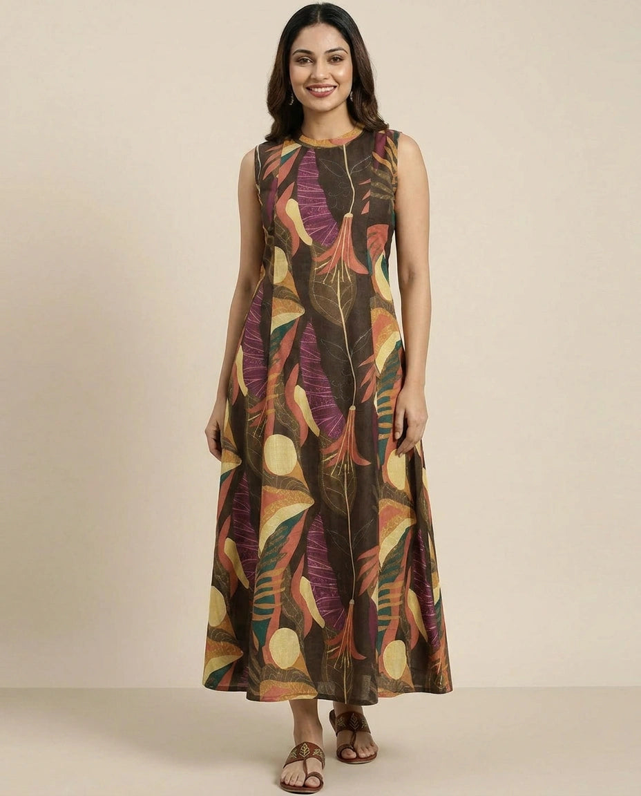 Brown Dola Silk Straight Kurti with Floral Print - Rangoli India
