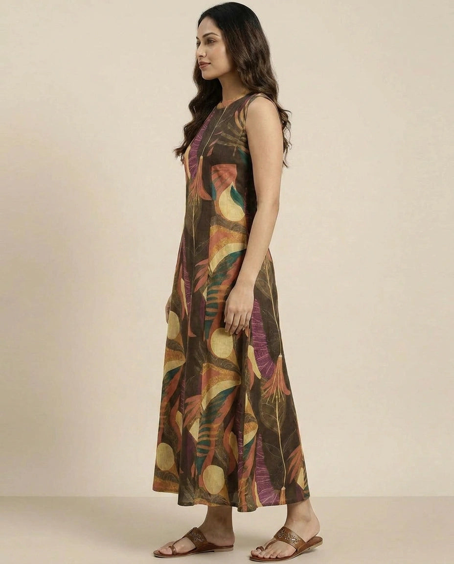 Brown Dola Silk Straight Kurti with Floral Print - Rangoli India