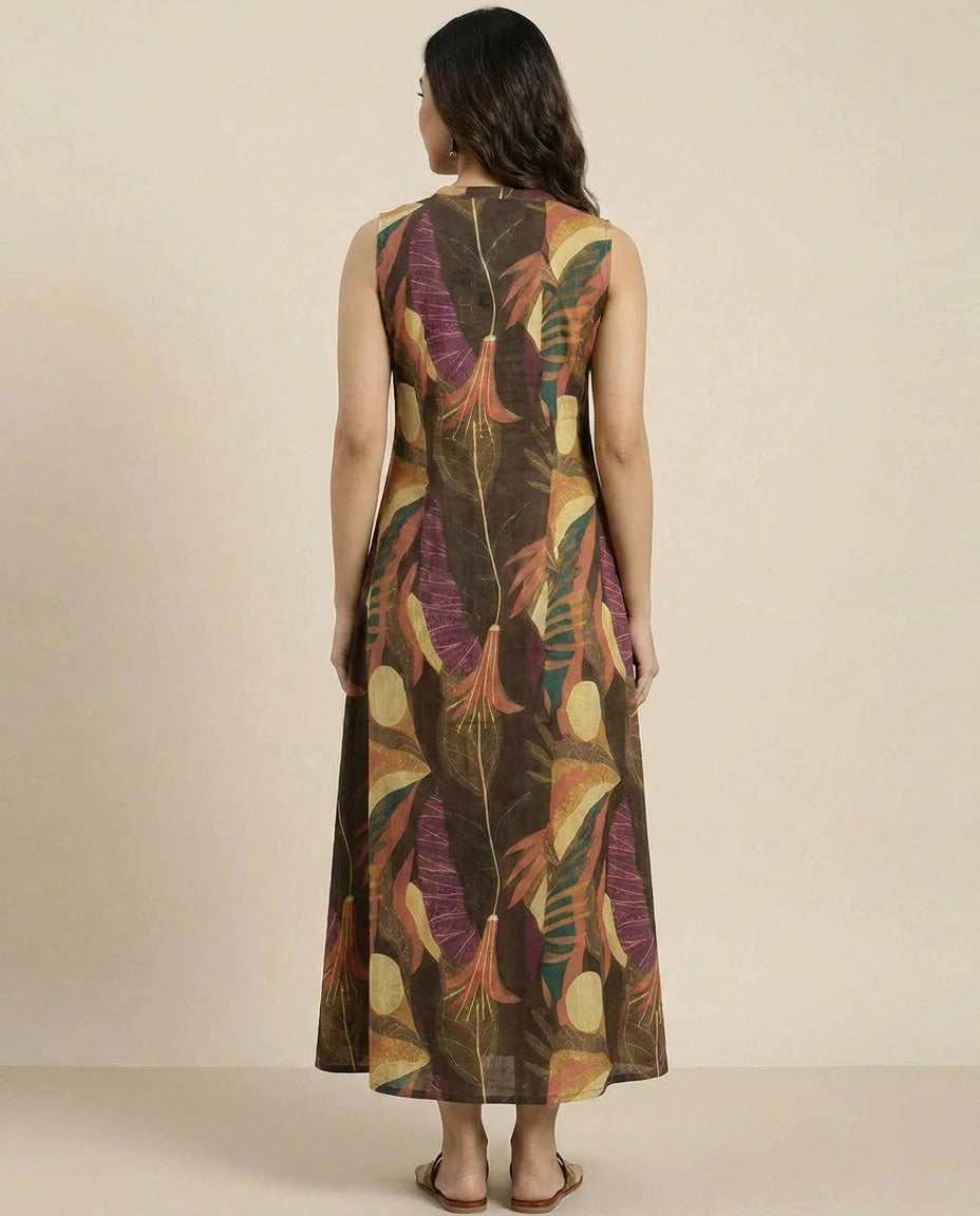 Brown Dola Silk Straight Kurti with Floral Print - Rangoli India