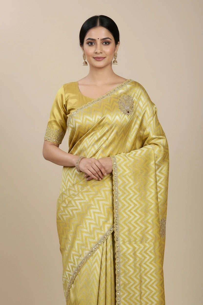 Embroidered Tissue Silk Saree with Shimmer Festive Border - View 4 | Rangoli