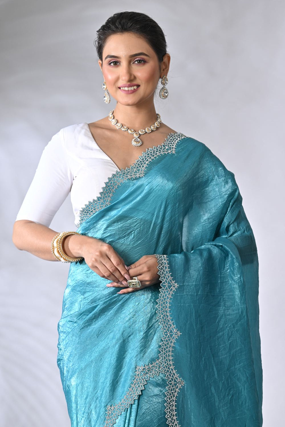 Firozi Blue Fancy Designer Crush Silk Saree