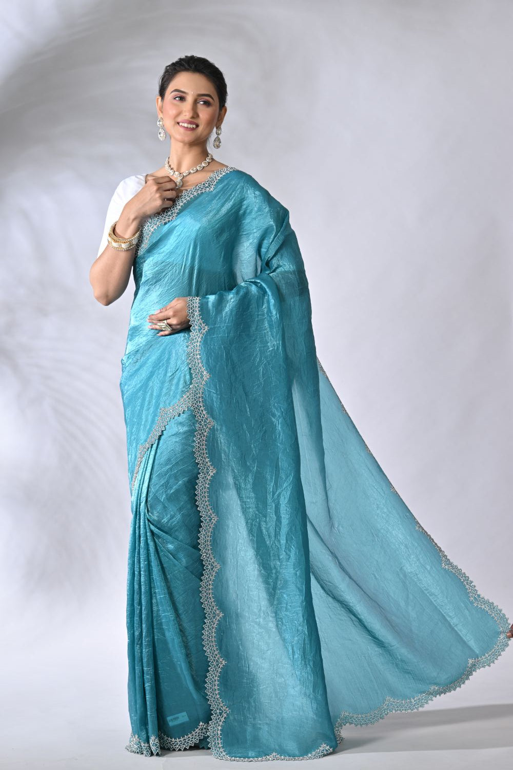 Firozi Blue Fancy Designer Crush Silk Saree