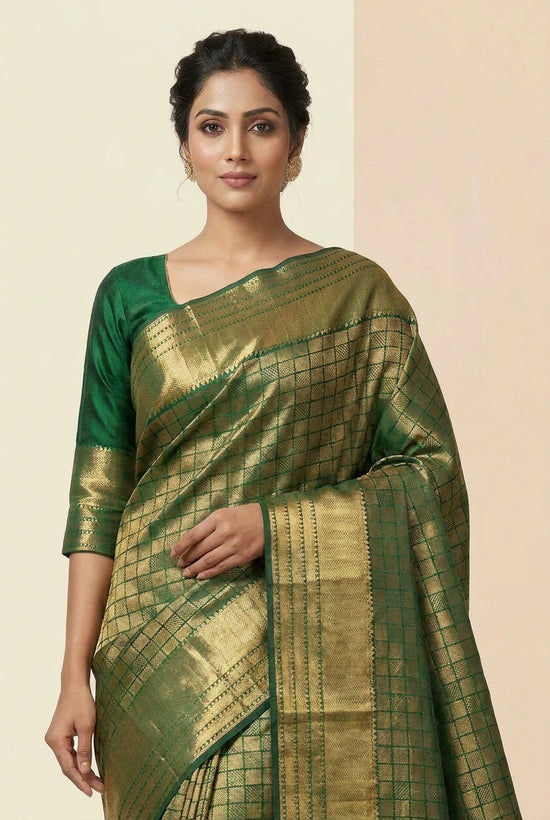 Bottle Green Pure Silk Katan Saree with Zari Check Weave - Rangoli India