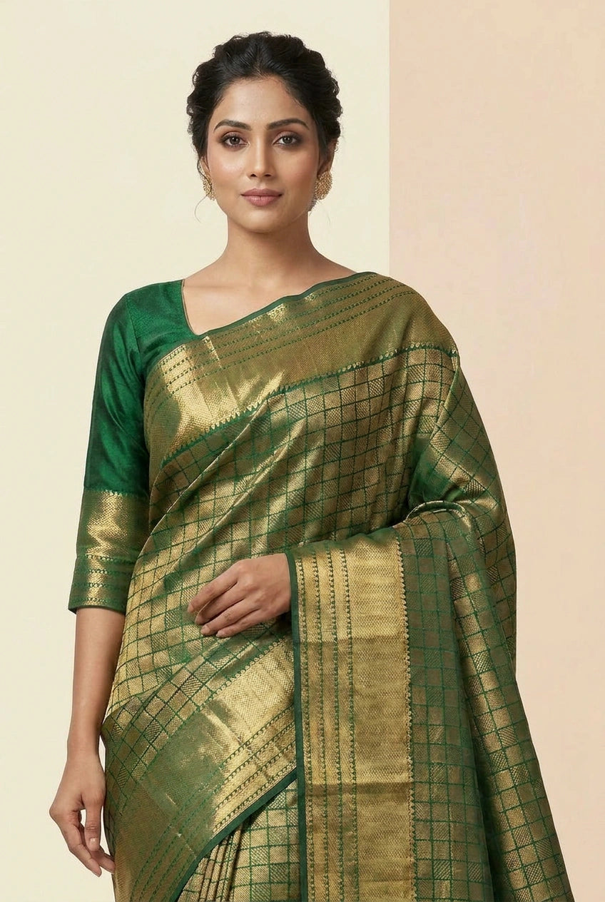 Woman wearing a green saree with a beige background