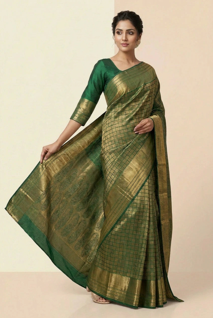 Woman wearing a green saree with gold border on a beige background