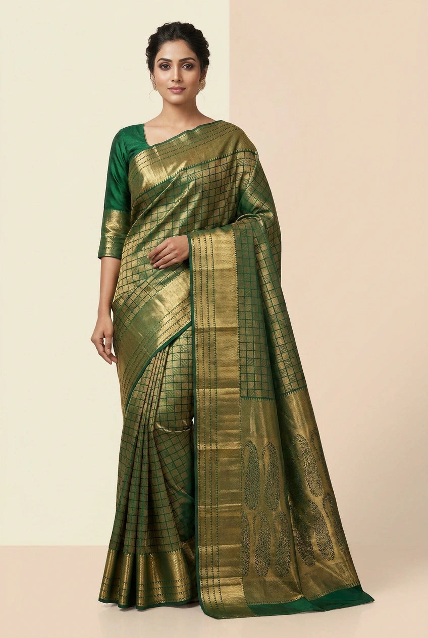 Woman wearing a green and gold saree on a beige background