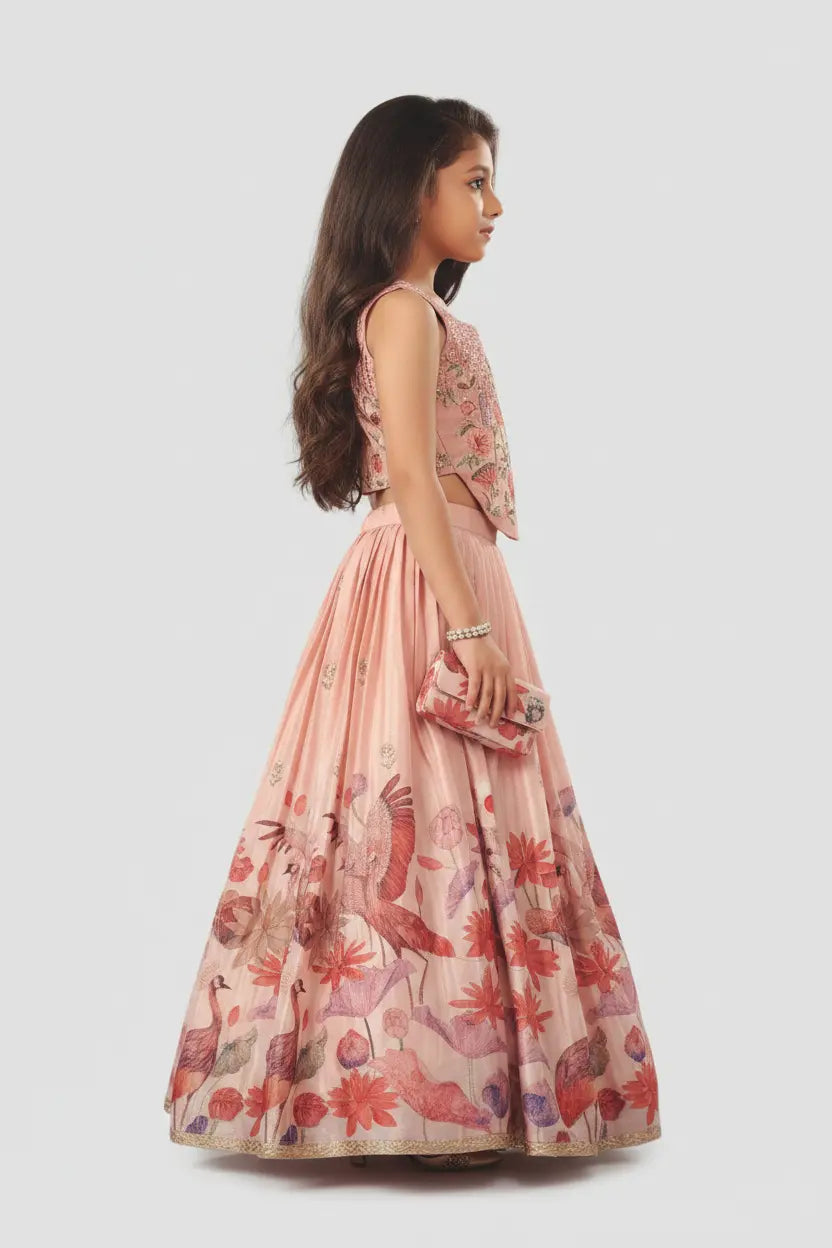 Young girl wearing a floral dress on a white background