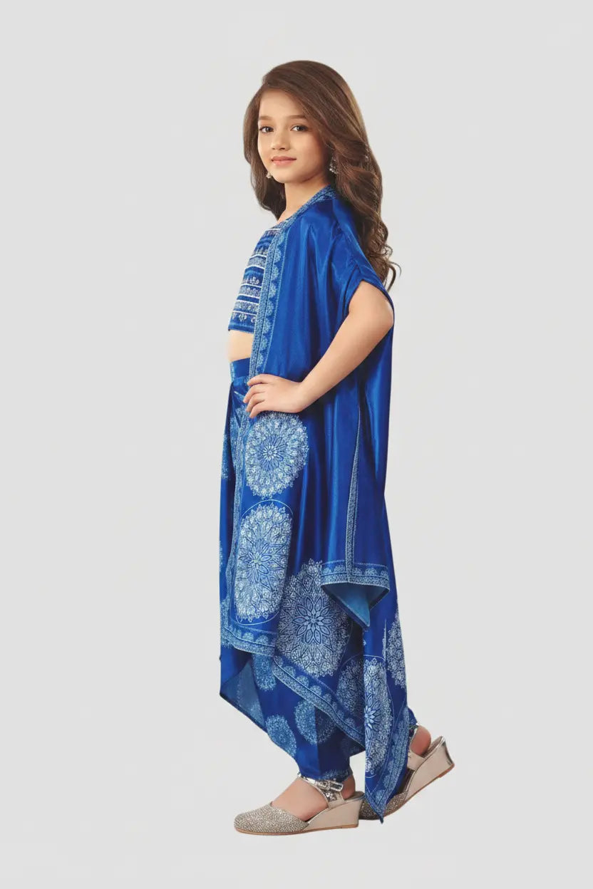 Young girl wearing a blue patterned dress on a white background