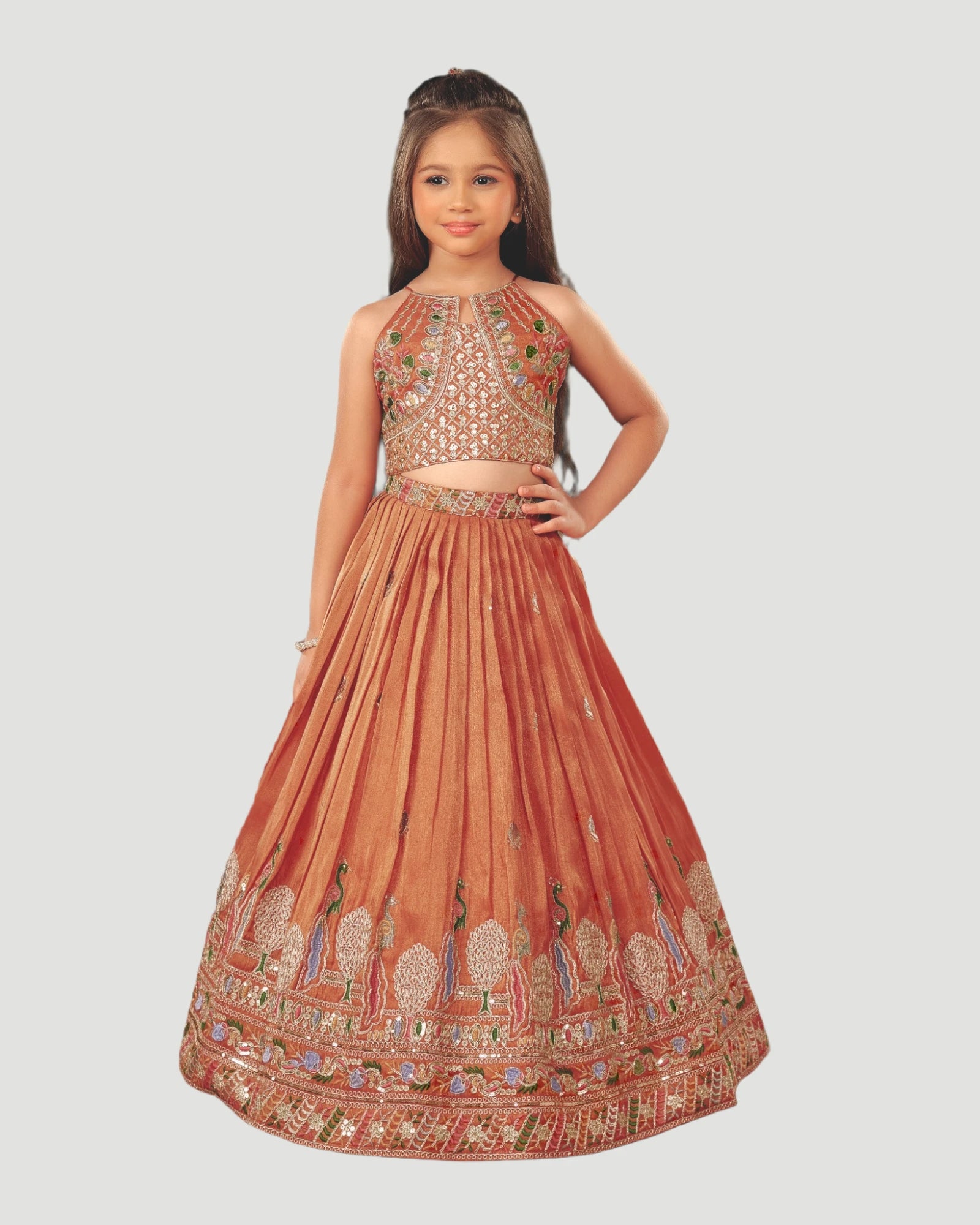 Young girl wearing a traditional embroidered dress on a plain background