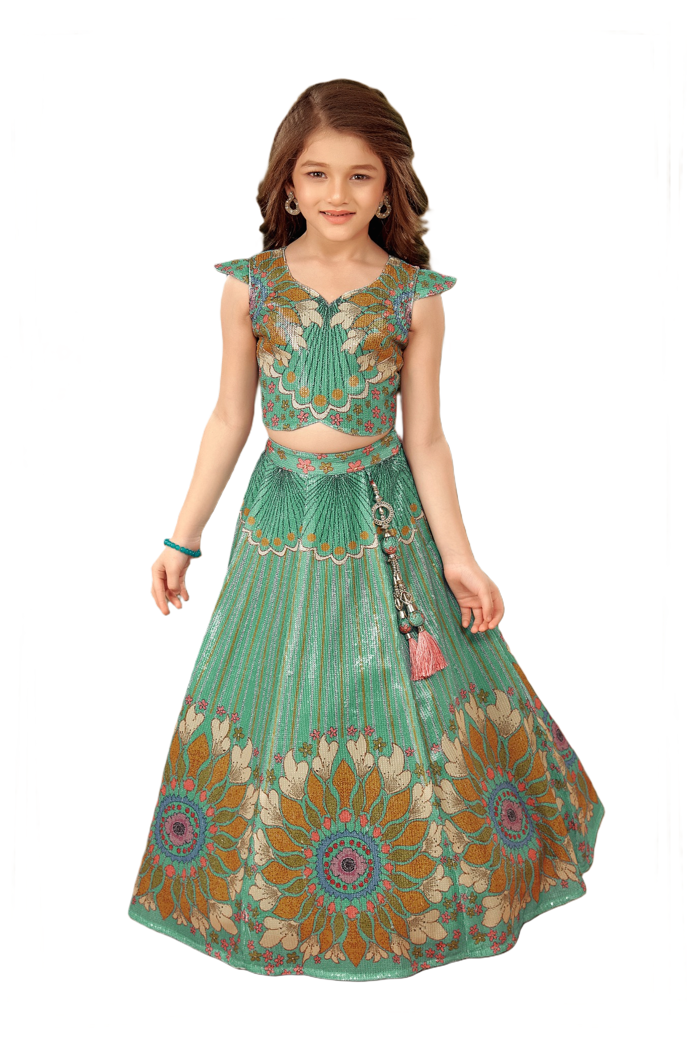 Kids Lehenga - Rama Green | Silk Katan | Rangoli Kids