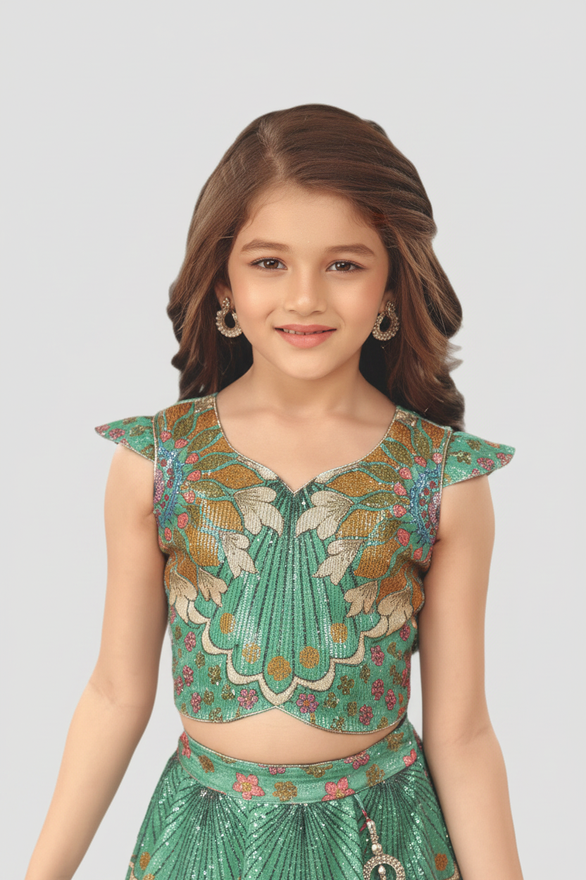 Rama Green Silk Katan Kids Festive Lehenga