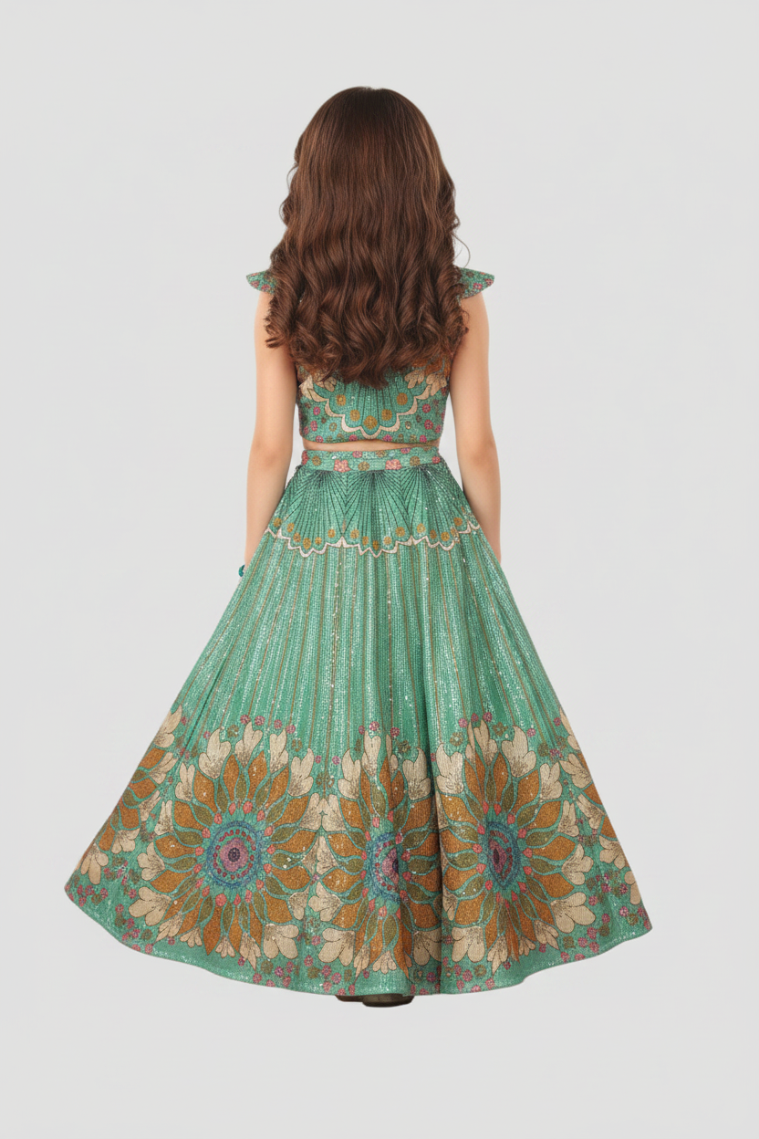Rama Green Silk Katan Kids Festive Lehenga model view