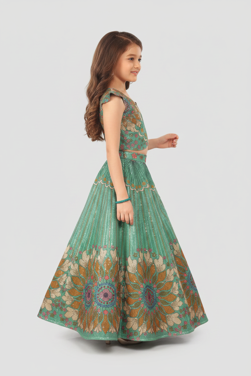 Rama Green Silk Katan Kids Festive Lehenga front view