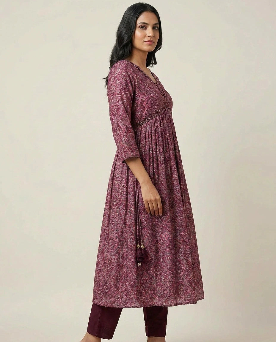 Wine Cotton Straight Suit Set for Festive Occasions