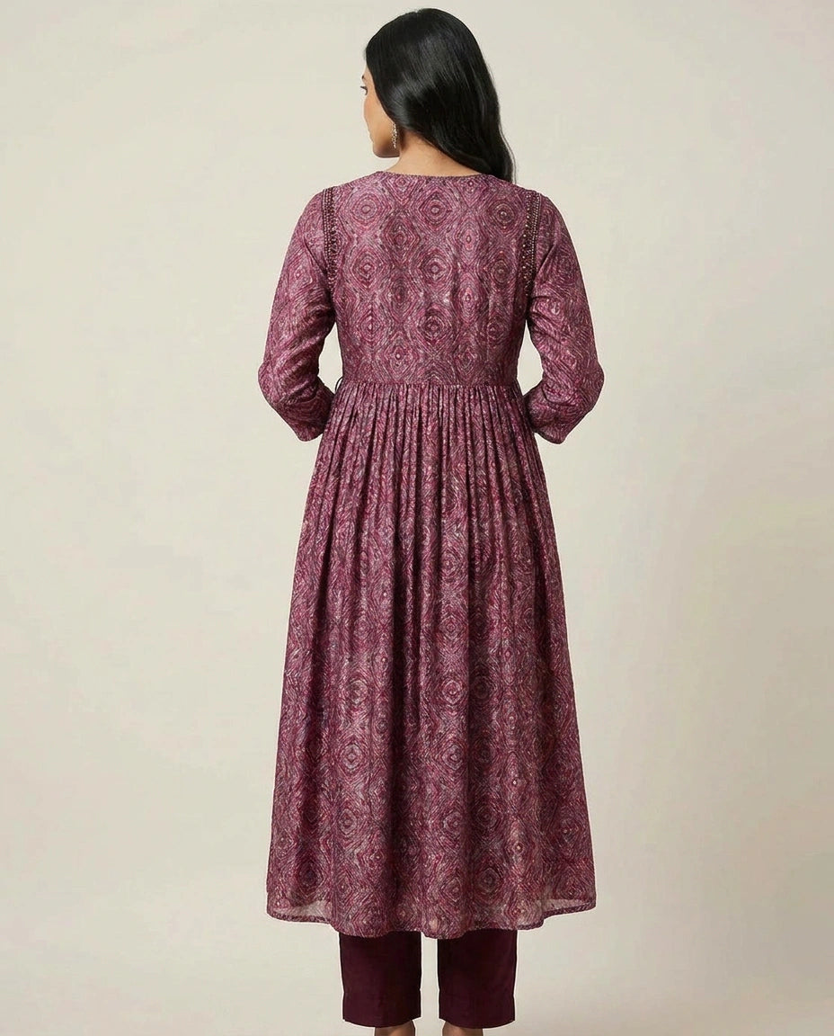 Wine Cotton Straight Suit Set for Festive Occasions