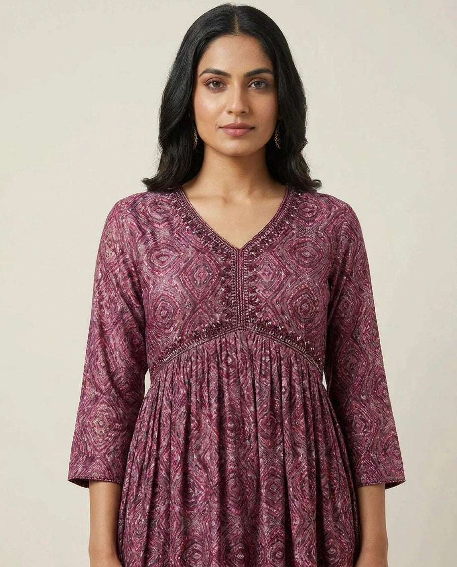 Wine Cotton Straight Suit Set for Festive Occasions
