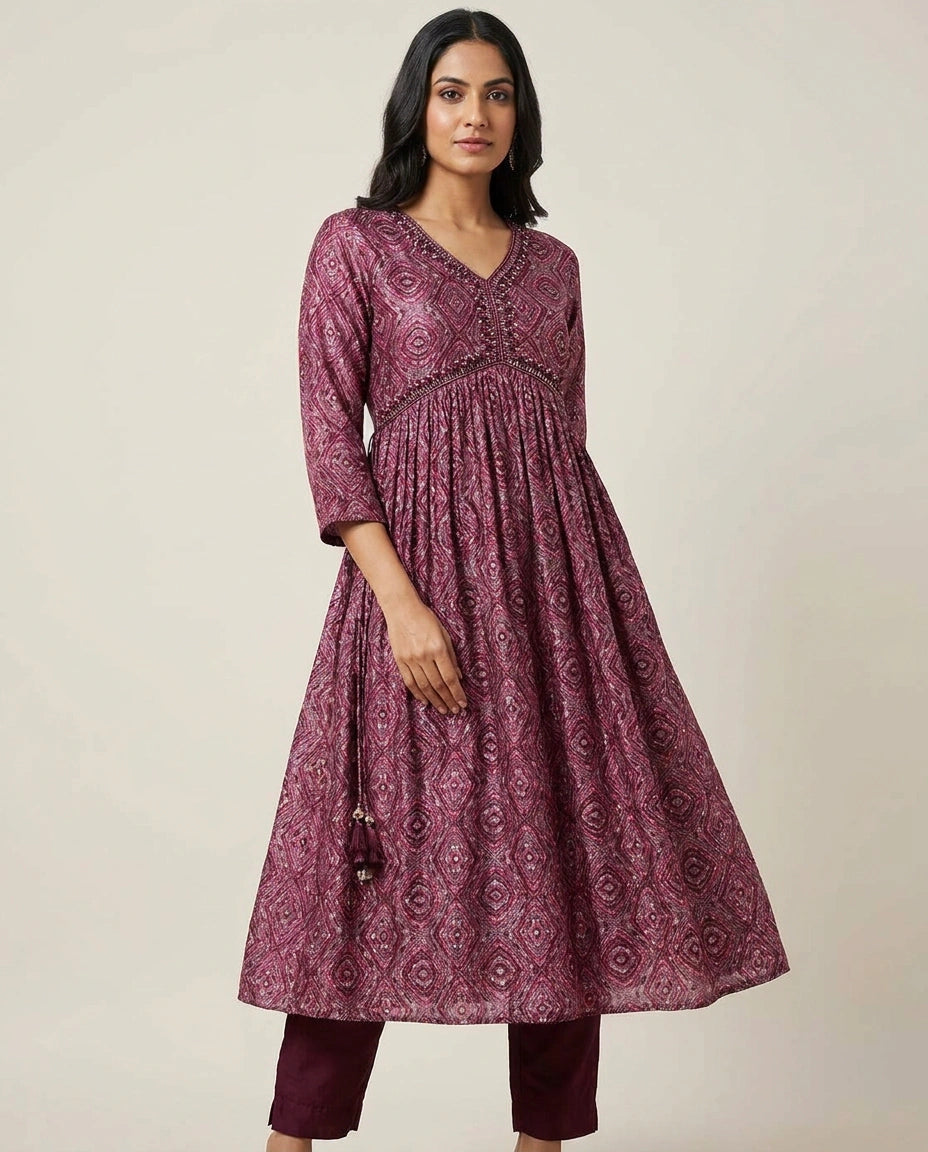 Wine Cotton Straight Suit Set for Festive Occasions
