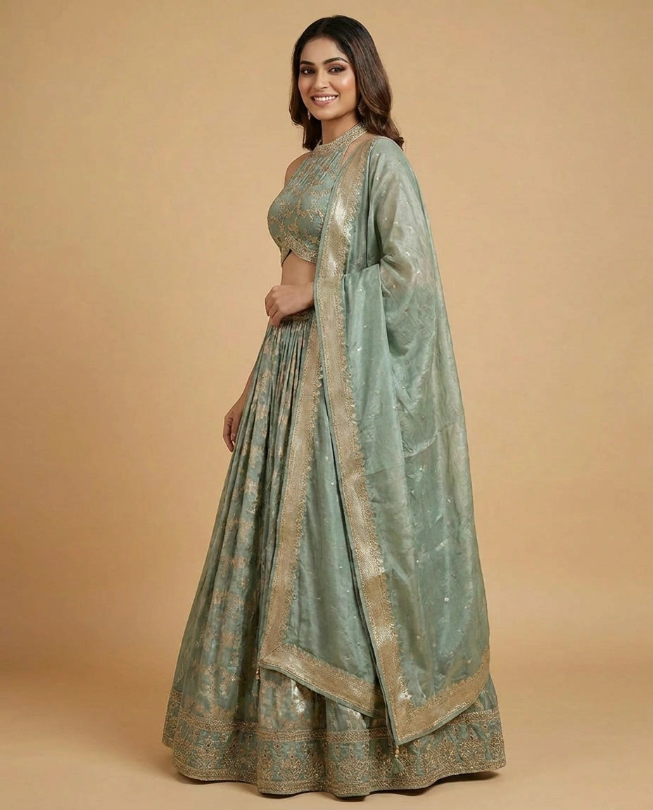 Straight-Cut Tissue Peplum Lehenga for Women - Wedding Wear - Rangoli India