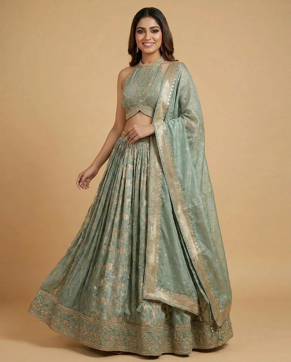 Straight-Cut Tissue Peplum Lehenga for Women - Wedding Wear - Rangoli India