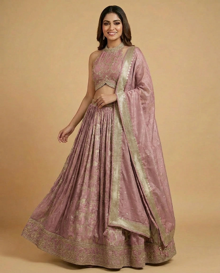 Straight-Cut Tissue Peplum Lehenga for Women - Wedding Wear - Rangoli India