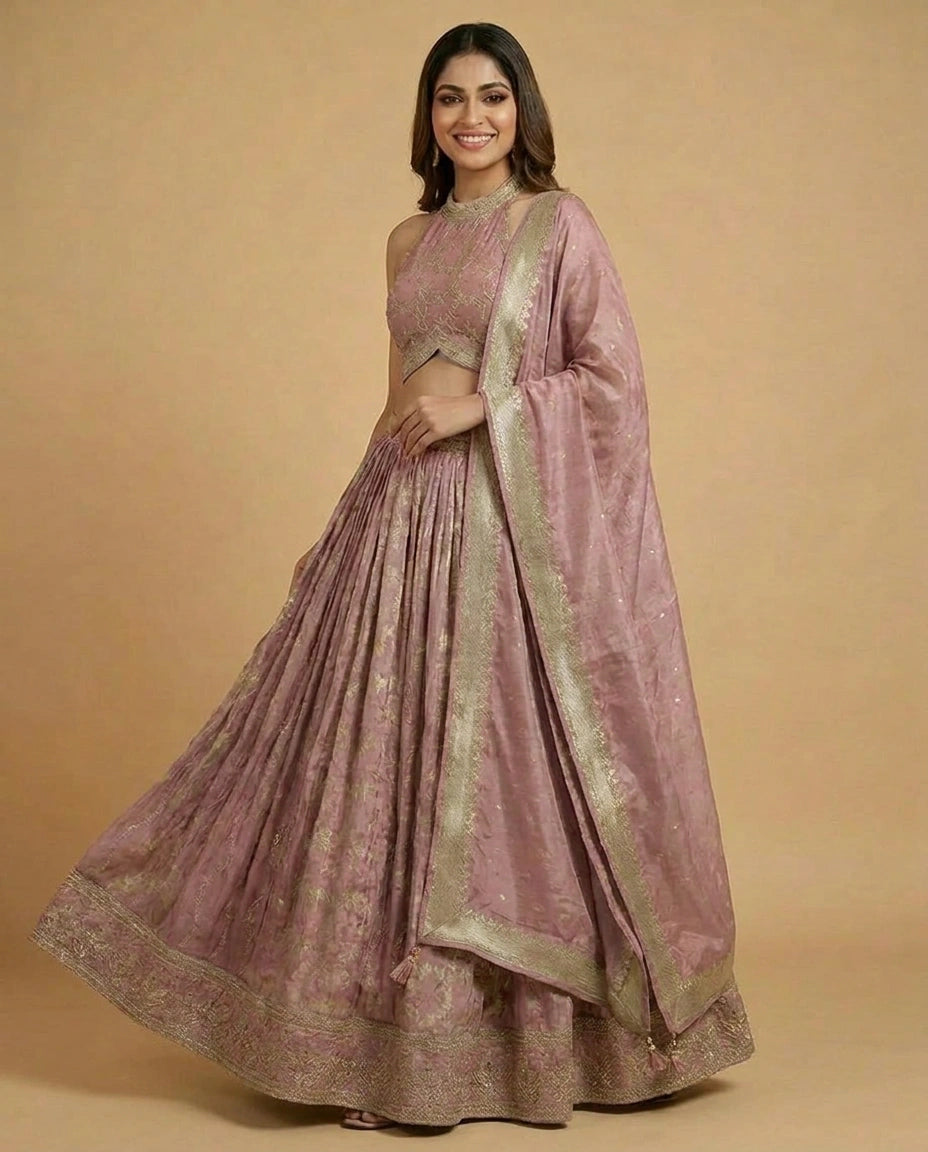 Straight-Cut Tissue Peplum Lehenga for Women - Wedding Wear - Rangoli India