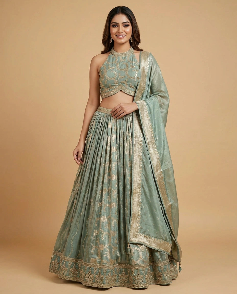 Straight-Cut Tissue Peplum Lehenga for Women - Wedding Wear - Rangoli India