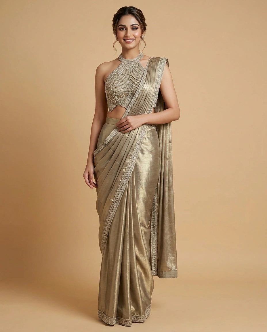 Art Silk Designer Saree with Embroidered Scalloped Border - Rangoli India