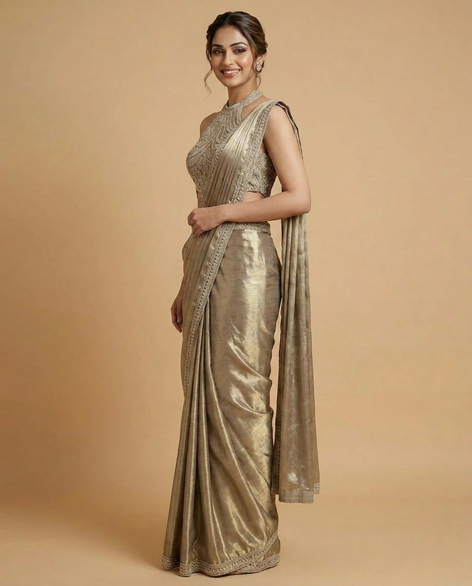 Art Silk Designer Saree with Embroidered Scalloped Border - Rangoli India