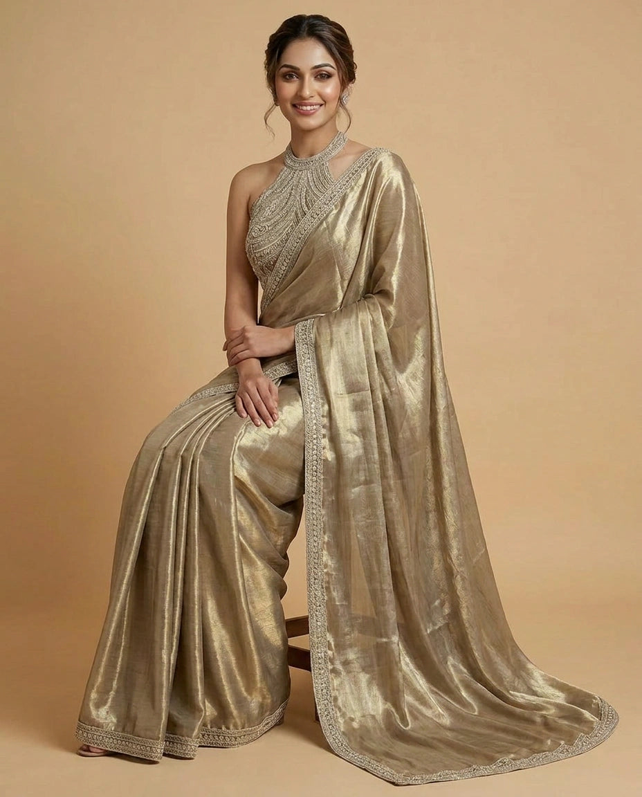 Art Silk Designer Saree with Embroidered Scalloped Border - Rangoli India