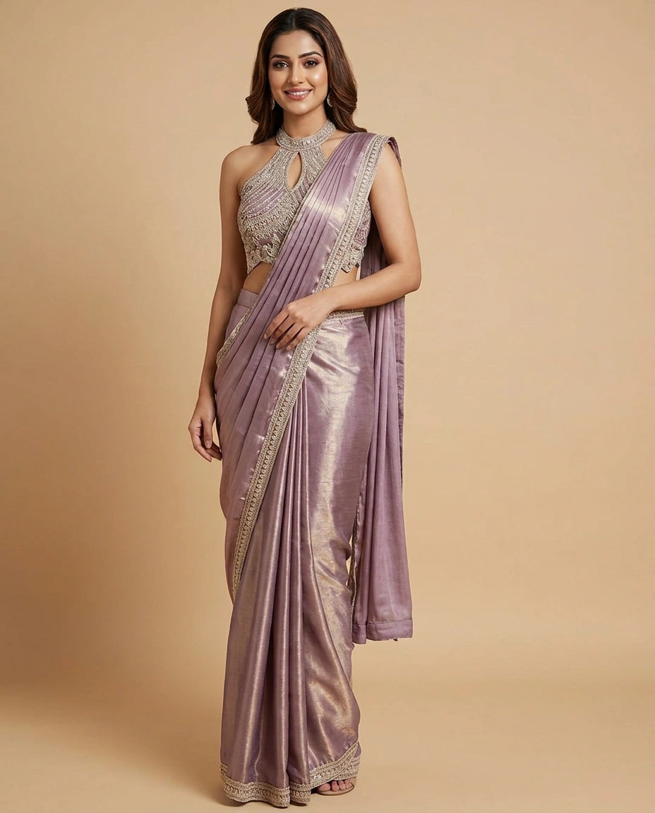 Art Silk Designer Saree with Embroidered Scalloped Border - Rangoli India