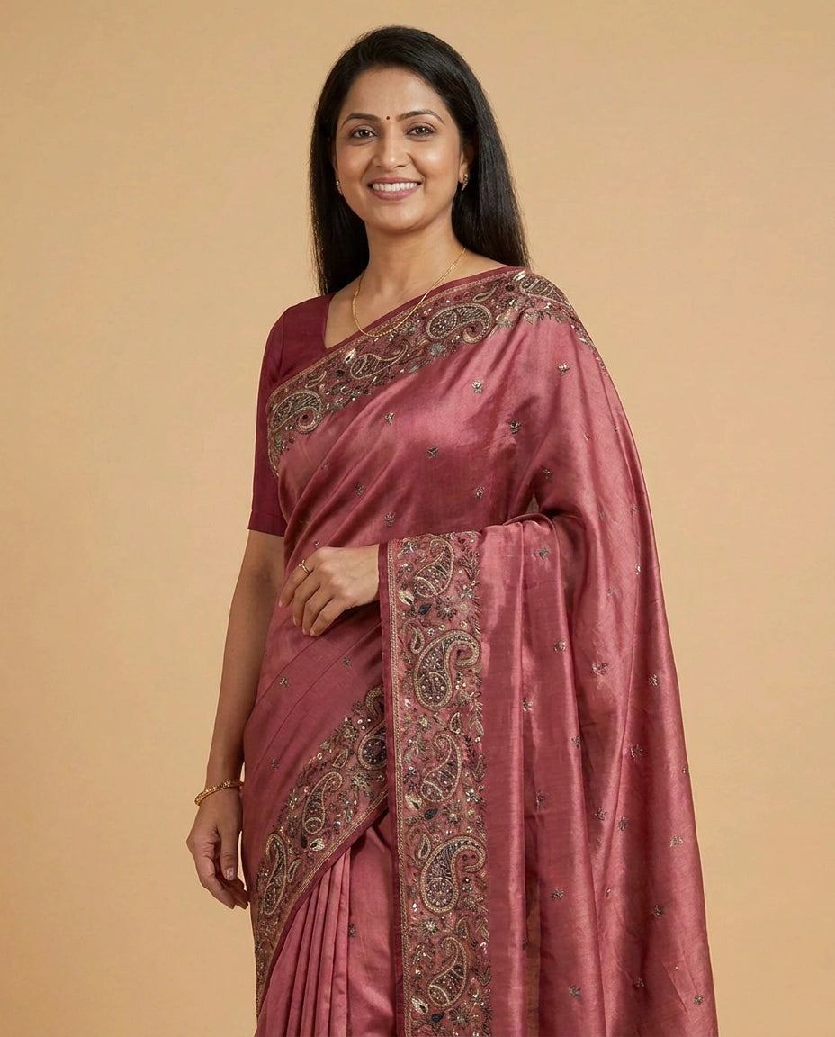 Tussar Silk Embroidered Saree - Rangoli India