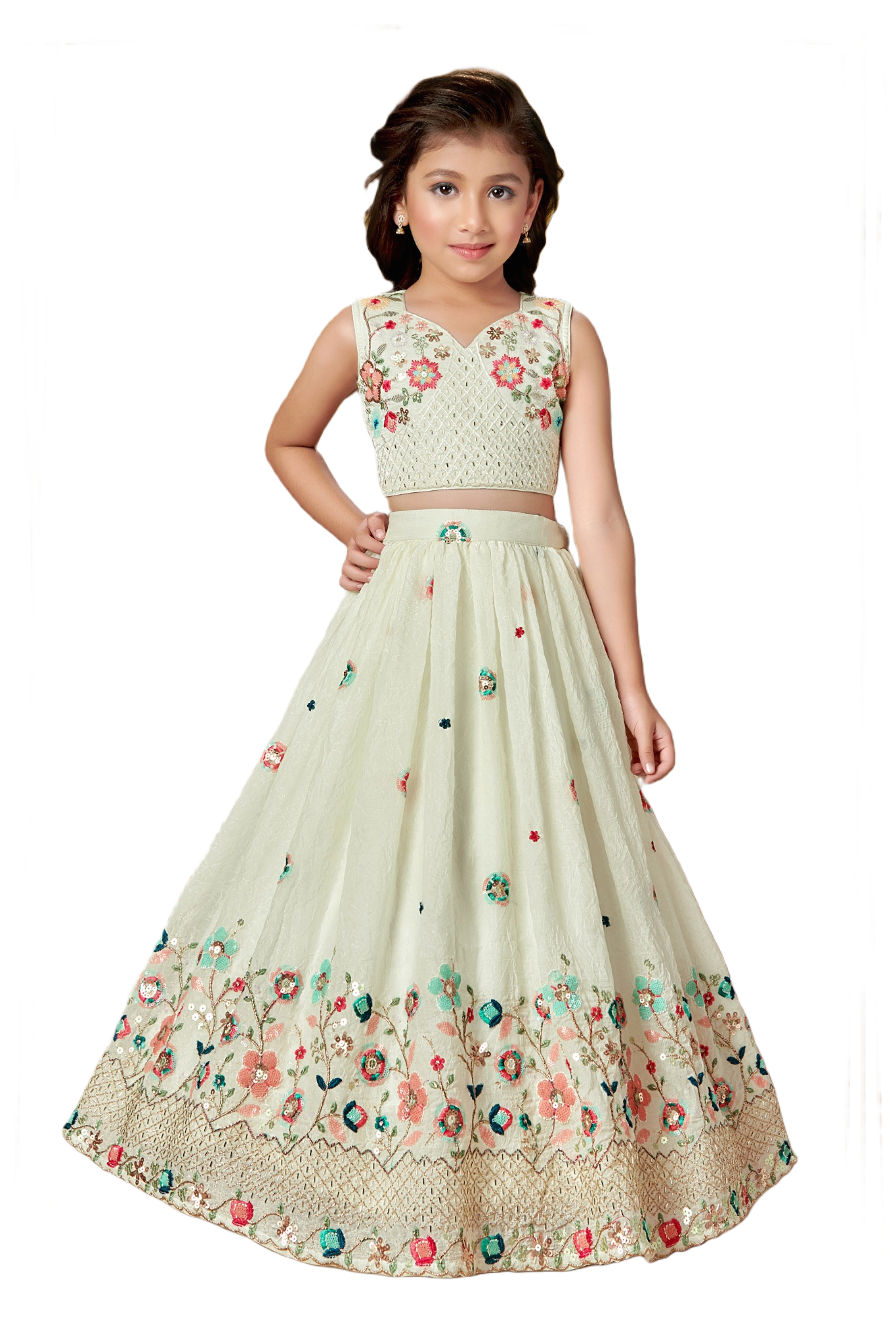 Kids Lehenga - Cream | Silk Katan | Rangoli Kids