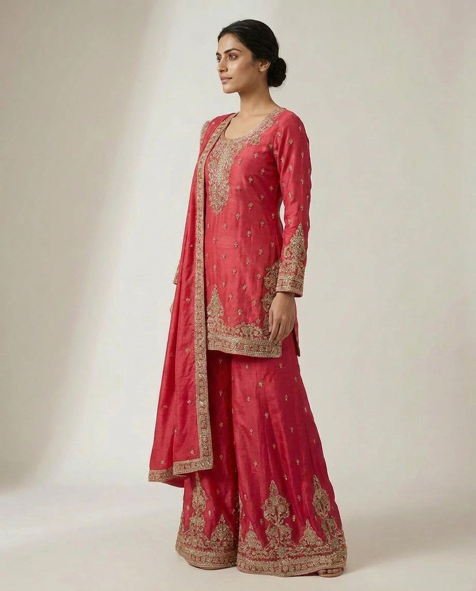 Chinon Silk Palazzo Suit with Mirror Work Detailing Online India - Rangoli India