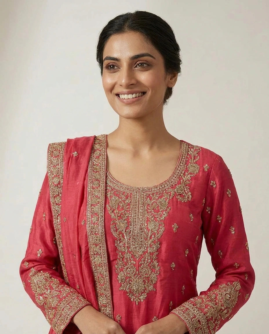Chinon Silk Palazzo Suit with Mirror Work Detailing Online India - Rangoli India