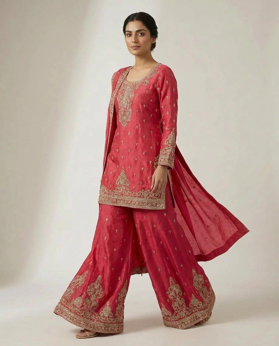 Chinon Silk Palazzo Suit with Mirror Work Detailing Online India - Rangoli India