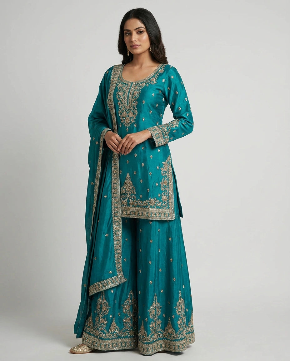 Chinon Silk Palazzo Suit with Mirror Work Detailing Online India - Rangoli India
