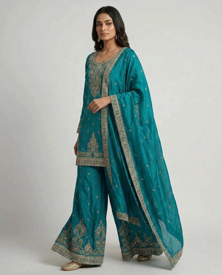 Chinon Silk Palazzo Suit with Mirror Work Detailing Online India - Rangoli India