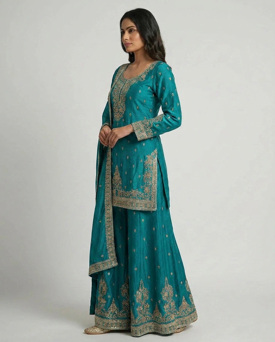 Chinon Silk Palazzo Suit with Mirror Work Detailing Online India - Rangoli India