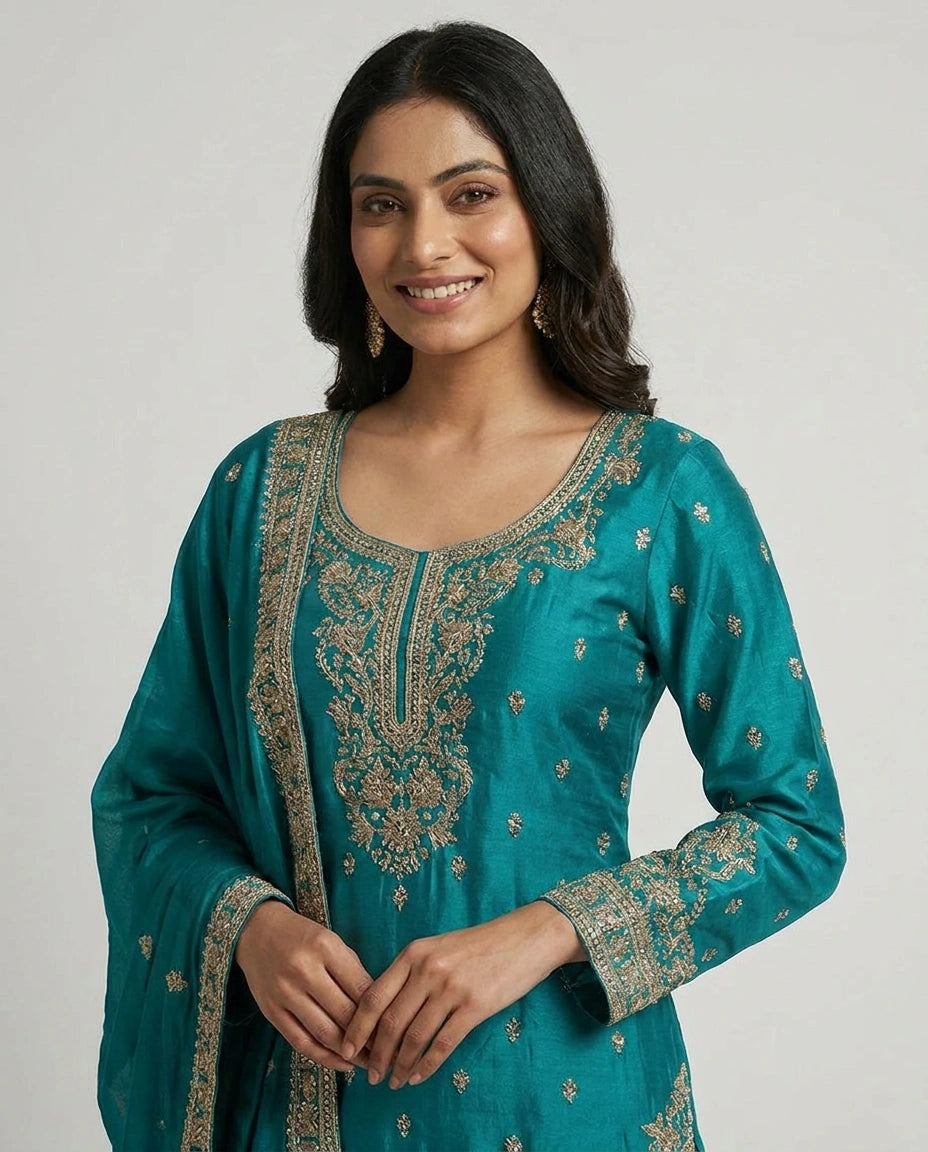 Chinon Silk Palazzo Suit with Mirror Work Detailing Online India - Rangoli India
