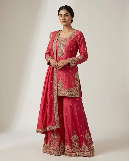 Chinon Silk Palazzo Suit with Mirror Work Detailing Online India - Rangoli India