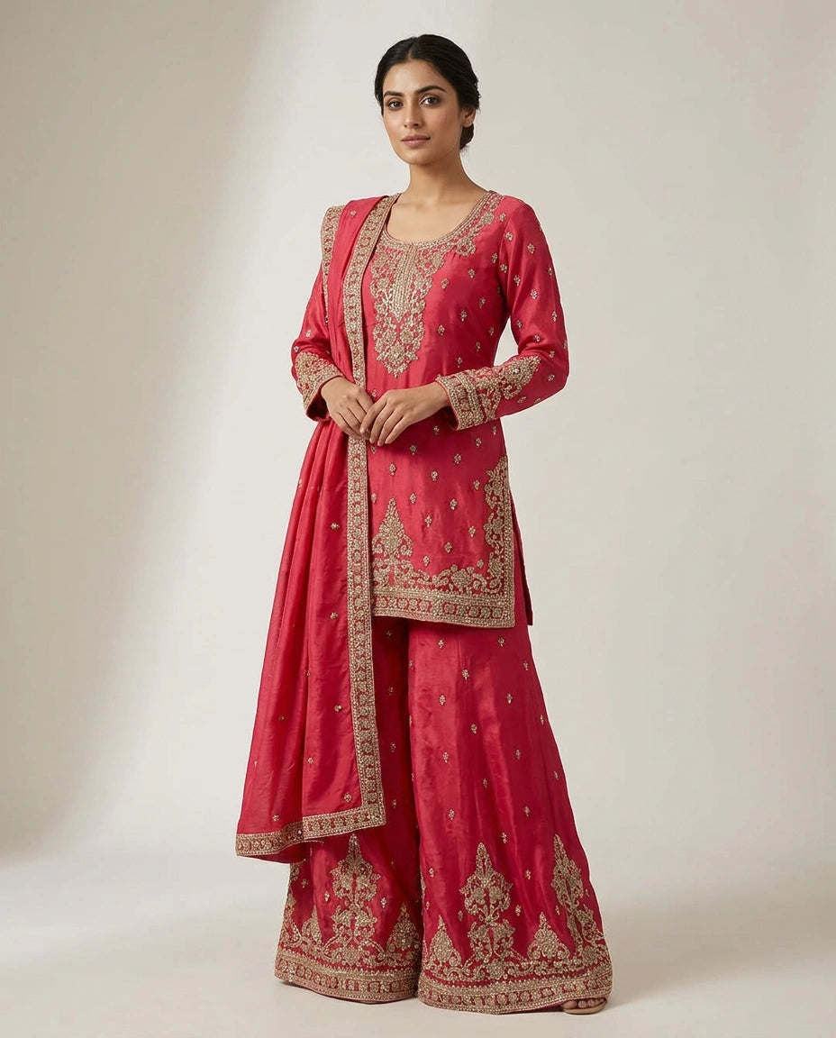 Chinon Silk Palazzo Suit with Mirror Work Detailing Online India - Rangoli India