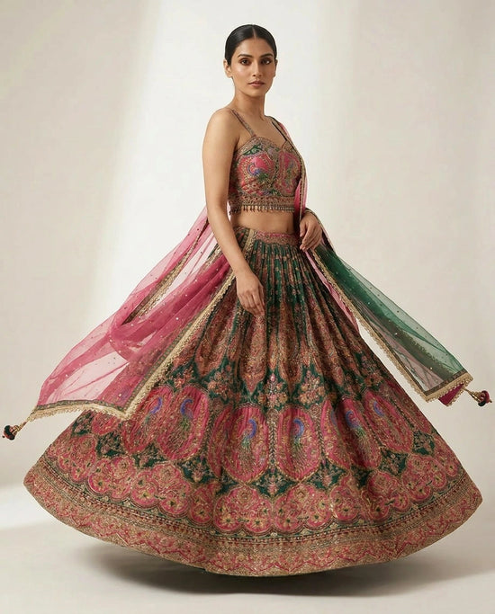 Crepe Silk Croptop Lehenga with Sequin and Zari Embellished Skirt - Rangoli India