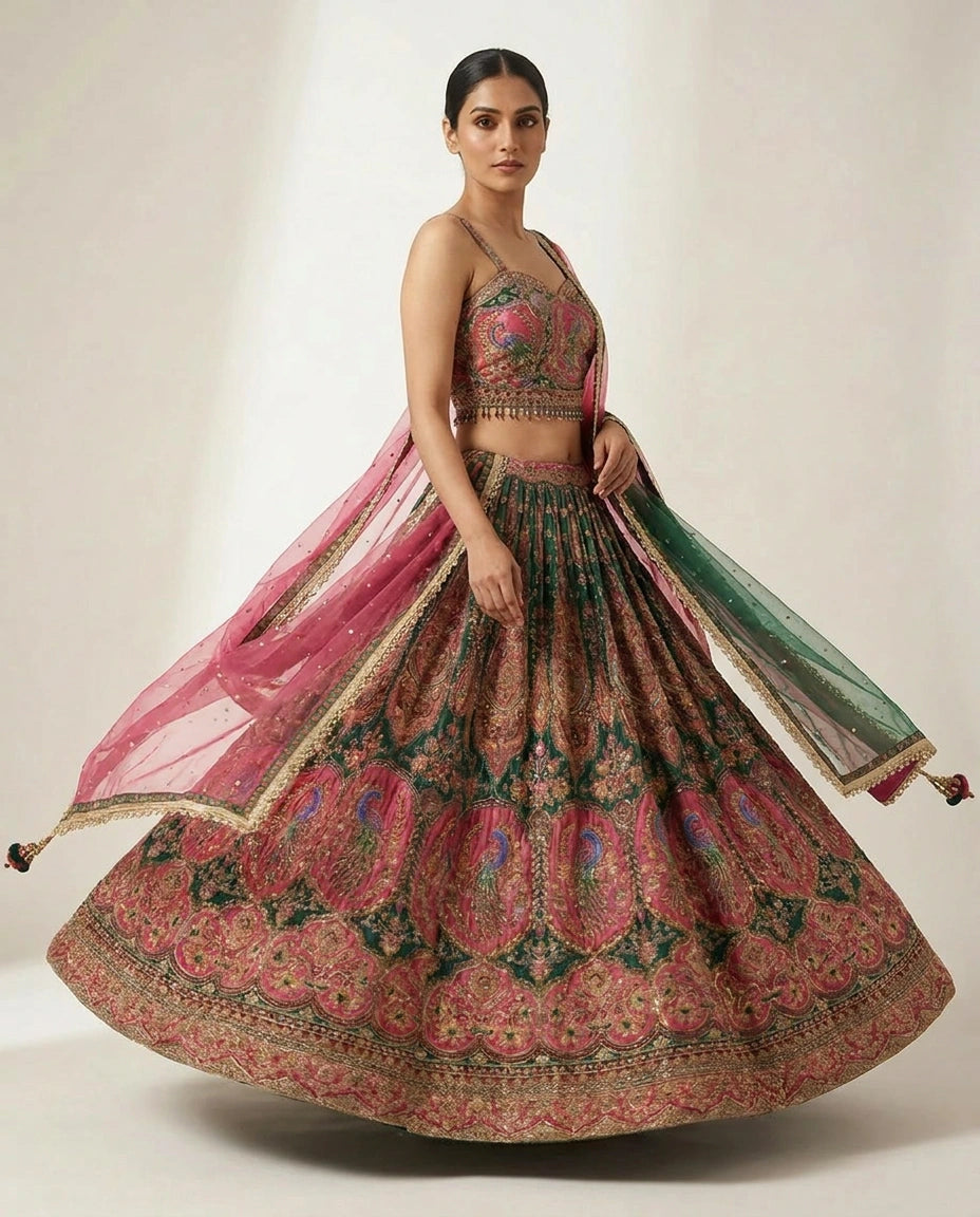 Crepe Silk Croptop Lehenga with Sequin and Zari Embellished Skirt - Rangoli India